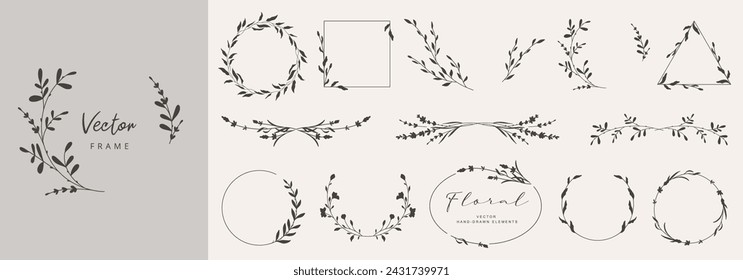 Collection of floral frames with silhouettes of branches, leaves and flowers. Hand drawn elegant delicate botanical borders and wreaths. Vector isolated elements for wedding invitation, card, logo Stockvektorkép