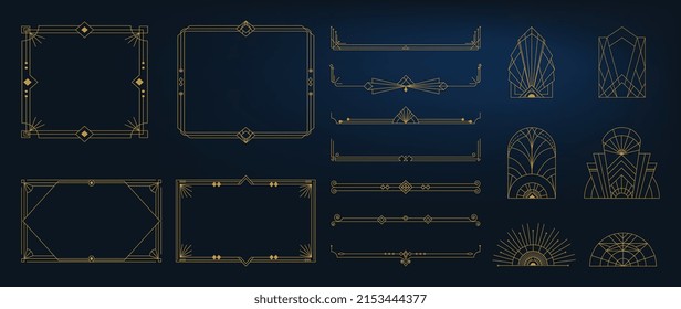 Collection of geometric art deco ornament. Luxury golden decorative elements with different lines, frames, headers, dividers and borders. Set of elegant design suitable for card, invitation, poster. Stock Vector