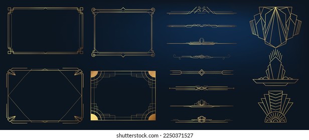 Collection of geometric art deco ornament. Luxury golden decorative elements with different lines, frames, headers, divider and border. Elegant vector set design for card, invitation, poster, banner. Stock Vector