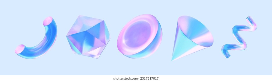 Collection of holographic shapes. Curve, cone, crystal and others. Decorative elements for social networking, print and web design. 3D vector illustration., vector de stoc
