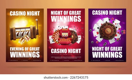 Collection of invitation posters with casino elements. Posters with slot machine, roulette wheel, playing cards, wheel of fortune and poker chips เวกเตอร์สต็อก
