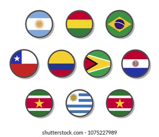 Collection of South America flag circle sticker badge label with silver border set on color scheme background 스톡 벡터