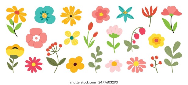 Collection of spring colorful flower elements vector. Set floral of wildflower, leaf branch, foliage on white background. Hand drawn blossom illustration for decor, easter, sticker, clipart, print. Arkistovektorikuva