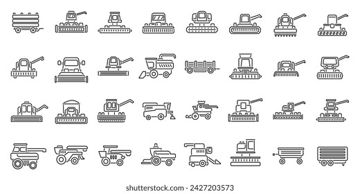 Combine harvester icons set outline vector. Farm agriculture. Summer rural machinery Stock-vektor