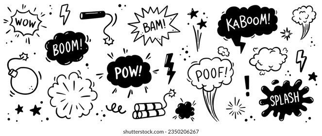 Comic bomb boom vector element. Hand drawn cartoon explosion bomb effect, splash, exclamation smoke element. Doodle hand drawn text boom, pow, wow. Vector illustration.: stockvector