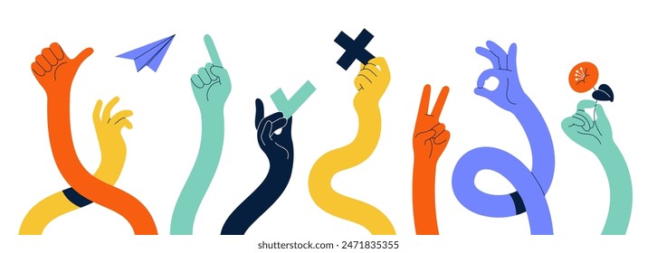 Comic flexible hands. Long color arms, curved limbs holding different elements, various finger gestures, signs and symbols. Thumb finger up and ok. Tidy vector cartoon flat isolated set Stock vektor
