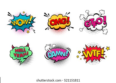 Стоковое векторное изображение: Пузыри комиксов речи установлены с различными эмоциями и текстом Wow, Omg, Gtfo, Hell Yeah, Damn, Wtf. Векторные яркие динамичные иллюстрации мультфильма изолированы на белом фоне.