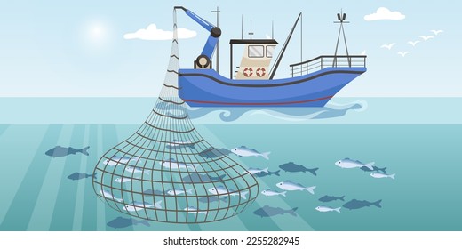Commercial fishing ship with full fish big net. Cartoon fishing boat working in sea or ocean catching by seine seafood tuna, herring, sardine, salmon. Industry vessel in seascape. Vector illustration Immagine vettoriale stock