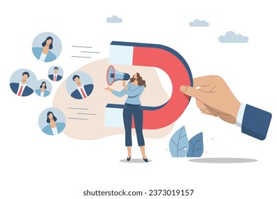 Communication or message, Marketing materials find new customers and campaigns that attract new customers, Businesswoman advertises or announces with a megaphone and a big hand holding a magnet. Stock-vektor