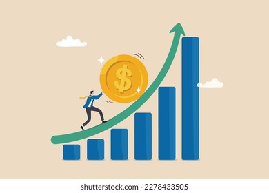 Compound interest exponential growth, investing earning profit, wealth management or savings, pension fund growing in long term investment concept, businessman push money coin up exponential graph. 库存矢量图