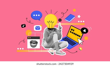 Composite collage of intelligent smart girl black white colors sitting use wireless netbook painted light bulb bright mind concept. Online Education creative collage concept. Vector illustration Imagem Vetorial Stock