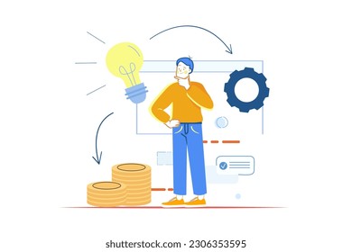 Concept brainstorm with people scene in the flat cartoon design. A man thinks about solving various problems by brainstorming. Vector illustration. Immagine vettoriale stock