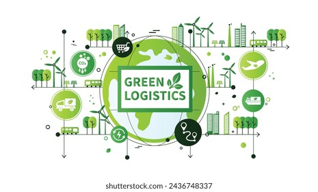 The concept of green logistics and supply chain with icons. Sustainable development, economy and clean, greenhouse-free transport in the form of electric, hybrid or hydrogen propulsion vector. – Vector có sẵn