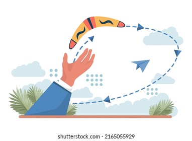 Consequences concept. Character making action and dealing with a result of it. Aftermath problem or bad luck. Person tied up, or under the circumstances. Flat vector illustration Immagine vettoriale stock