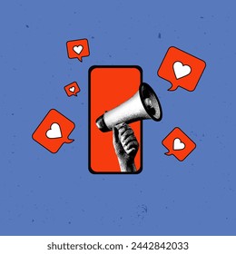 Contemporary art collage. Vector illustration. Hand with megaphone inside smartphone with blank red screen surrounded like signs. Concept of social media, influence, popularity, modern lifestyle. Ad Stock-vektor
