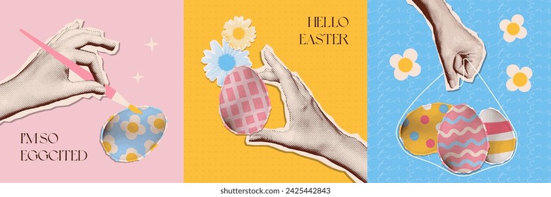 Contemporary art halftone collage set of hand holding a painted eggs. Easter sweets and egg hunt concept. Vector y2k pop art illustration. Stock-vektor