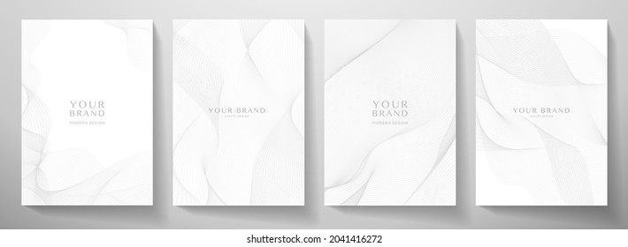 Contemporary technology cover design set. White background with grey line pattern (guilloche curves). Premium vector tech backdrop for formal  business layout, digital certificate, brochure template Immagine vettoriale stock