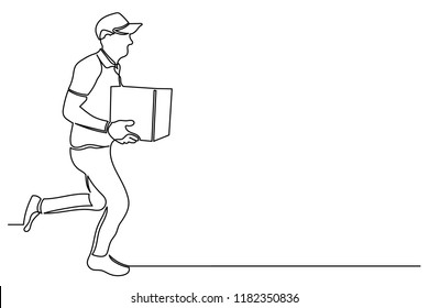 Стоковое векторное изображение: continuous line of man courier with box in his hand in cap running. concept of fast delivery of an online store or restaurant.
