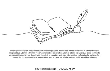 Continuous line design from old book and pen. Single line decorative element drawn on white background. Stock-vektor