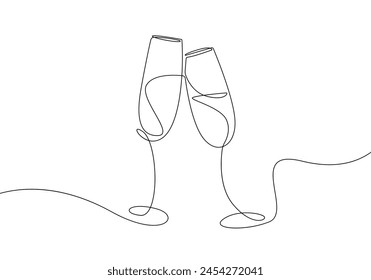 Continuous Line Drawing of Champagne Glasses Black Sketch on White Background. Two Glasses Simple One Line Drawing. Minimal Hand Draw Illustration for Cafe, Party, Holiday, Invitation. Vector EPS 10: wektor stockowy