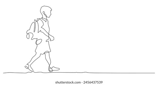 continuous line drawing of school boy walking on the way of education concept thin line illustration vector – Vector có sẵn