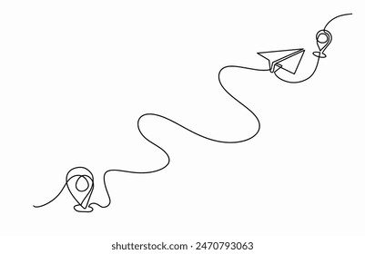 Continuous line drawing of paper airplane, destination line path of airplane flight route with starting point location, Path with location pins. Distance from one point to another in doodle style isol: wektor stockowy