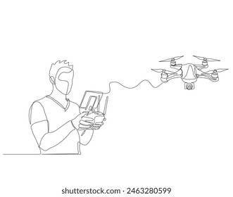Continuous one line drawing of man with remote control and flying drone. One line drawing illustration of man flying drone aircraft. Controlling modern gadget flying concept continuous line. Editable  Arkistovektorikuva