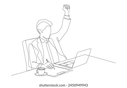 Стоковое векторное изображение: Continuous one line drawing of businessman raising one hand into fist while working in front of laptop, work success concept, single line art.