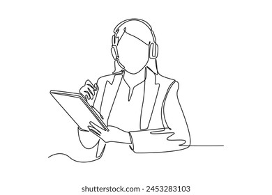 Стоковое векторное изображение: Continuous one line drawing female customer service holding clipboards. Marketing Concept. Single line draw design vector graphic illustration.