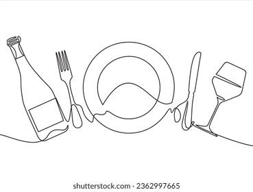 Continuous one line drawing of plate, fork, knife, bottle of wine and glass. Menu food design. Vector illustration. Stock vektor