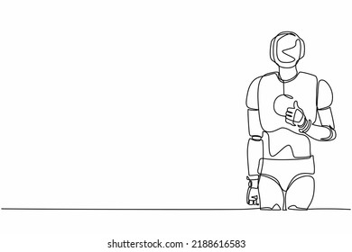 Continuous one line drawing robot standing with thumbs up gesture. Deal, like, agree, approve, accept. Humanoid cybernetic organism. Future robotic. Single line draw design vector graphic illustration Arkivvektor