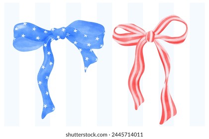 Coquette 4th of July stars and stripes ribbon Bows Watercolor vector illustration. Immagine vettoriale stock
