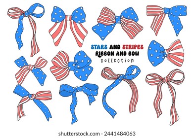 Coquette 4th of July ribbon bow stars and stripes doodle set Imagem Vetorial Stock