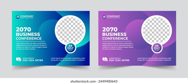 Corporate horizontal business conference flyer template. Horizontal Business Conference brochure flyer design layout template in A4 size. Webinar vector illustration Adlı Stok Vektör