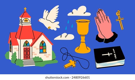 Catholic religious symbols. Various elements: chapel, praying hands, church cup, holy Bible, dove as holy spirit, cross. Faith, religion, communion concept. Isolated design elements. Cartoon style: stockvector