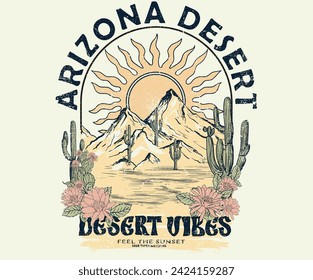 Cactus and flower artwork. Desert national park, Desert vibes vector graphic print design for apparel, sticker, poster, background and others. Arizona t-shirt artwork design.	 – Vector có sẵn