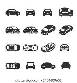 Car icon set. Automobile From Various Sides, Monochrome symbol. Side, Bottom, Top, Front View, Isometric Projection, Interior of the Car. Black and white style 库存矢量图