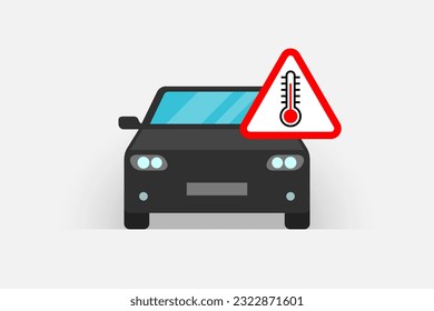 警告のトライアングル記号に高温を示す車と温度計。エアコンの故障や自動車内の温度制御システムの故障、自動車エンジンの過熱の概念のベクター画像素材