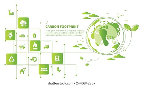 Carbon footprint concept with icon and infographic, measure huge foot, the impact of carbon pollution, Co2 emission in environment, carbon dioxide effect on planet ecosystem. Vector illustration., vector de stoc