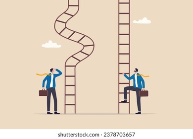 Career ladder challenge, difficulty step growth, different job opportunity or ambition, climbing ladder with obstacle concept, businessmen about to climb up easy and difficult career ladder. 库存矢量图