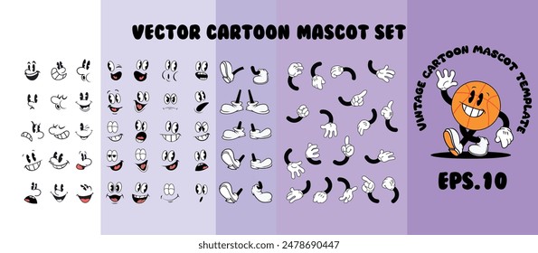cartoon hands, legs and faces, mascot set: vector 1930's vintage style character parts collection Imagem Vetorial Stock