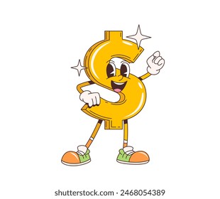 漫画のレトロなグルービードル記号の文字。孤立したベクター画像 ファンキーな金色の通貨のシンボル金融の人物。貯蓄、投資、予算、サイケデリックな60年代のバイブスが輝くと笑顔でドル記号のベクター画像素材