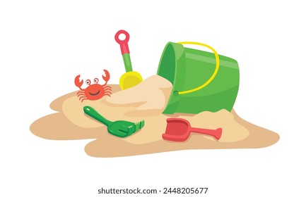 Cartoon sand bucket vector illustration with shovel and rake. Beach sand playing set. Summer element. Flat vector in cartoon style isolated on white background.: wektor stockowy