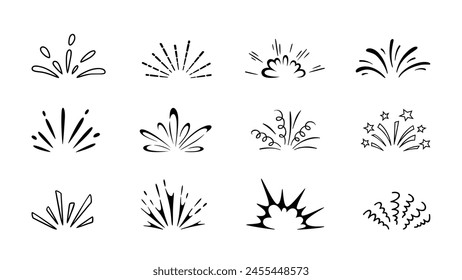 Cartoon spark effect. Isolated vector set of energy bursts, light flare, sparkles or fireworks, emanating from an impact or action with dynamic motion lines. Monochrome flashes or magic spark effect 库存矢量图