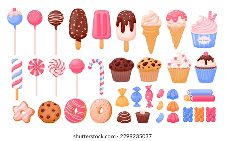 Cartoon sweets. Sweet dessert, candy, cute cake, lollipop, chocolate, sugar pastry, ice cream, donut, caramel, colorful bakery, bear dragee. Vector set. Confectionery and delicious biscuits स्टॉक वेक्टर