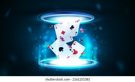 Casino playing cards with poker chips inside blue portal made of digital rings in dark empty scene เวกเตอร์สต็อก