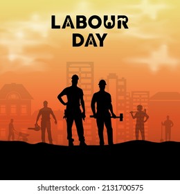 Celebration International Workers Day with sunset background. Happy Labour Day background with silhouette of workers.
 Stock Vector