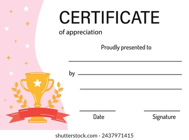 Certificate of appreciation. Achievement certificate in competition with champ cup. Awards diploma template. Diploma for kids background template. For school, preschool,summer camp, sport competition. Stock-vektor