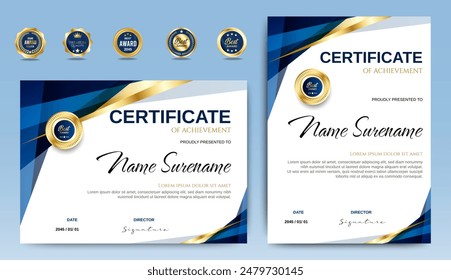 Certificate of appreciation template, gold and blue color. Clean modern certificate with gold badge. Certificate border template with luxury and modern line pattern. Diploma vector template
 Stock-vektor
