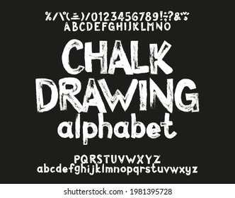 Chalk Drawing alphabet font. Hand drawn uppercase and lowercase letters, numbers and punctuation. Stock vector typeface for your typography design. Arkivvektor